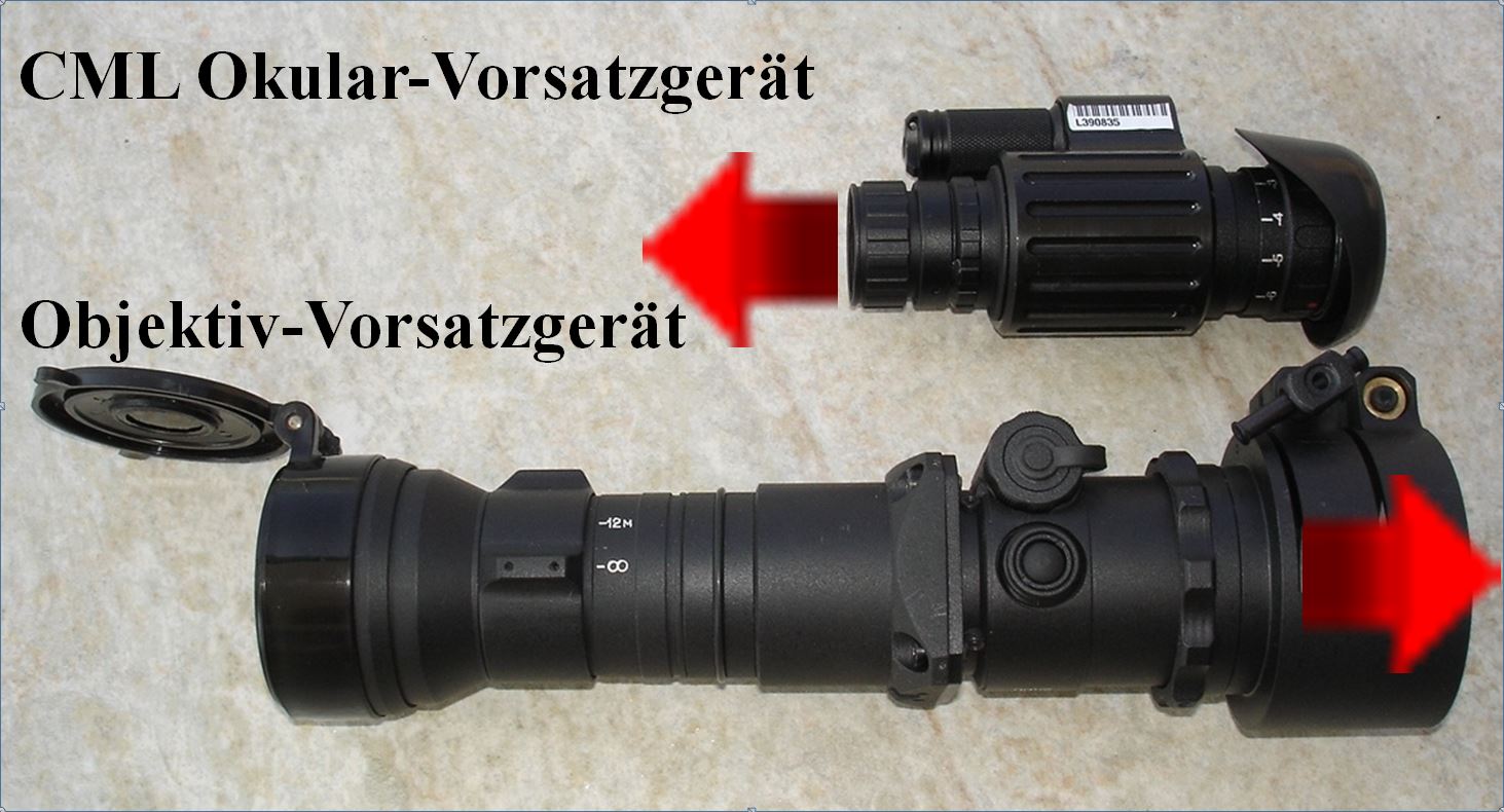 Nachtsicht-Vorsatzgeräte können vor dem Objektiv oder vor dem Okular eines ZF angebracht werden